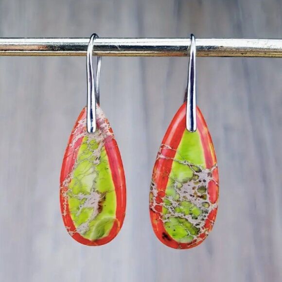 ✨🆕✨🧡Exquisite BoHo Emperor Stone Orange & Green S925 Plated Dangle Earrings💚✨ - Picture 5 of 12